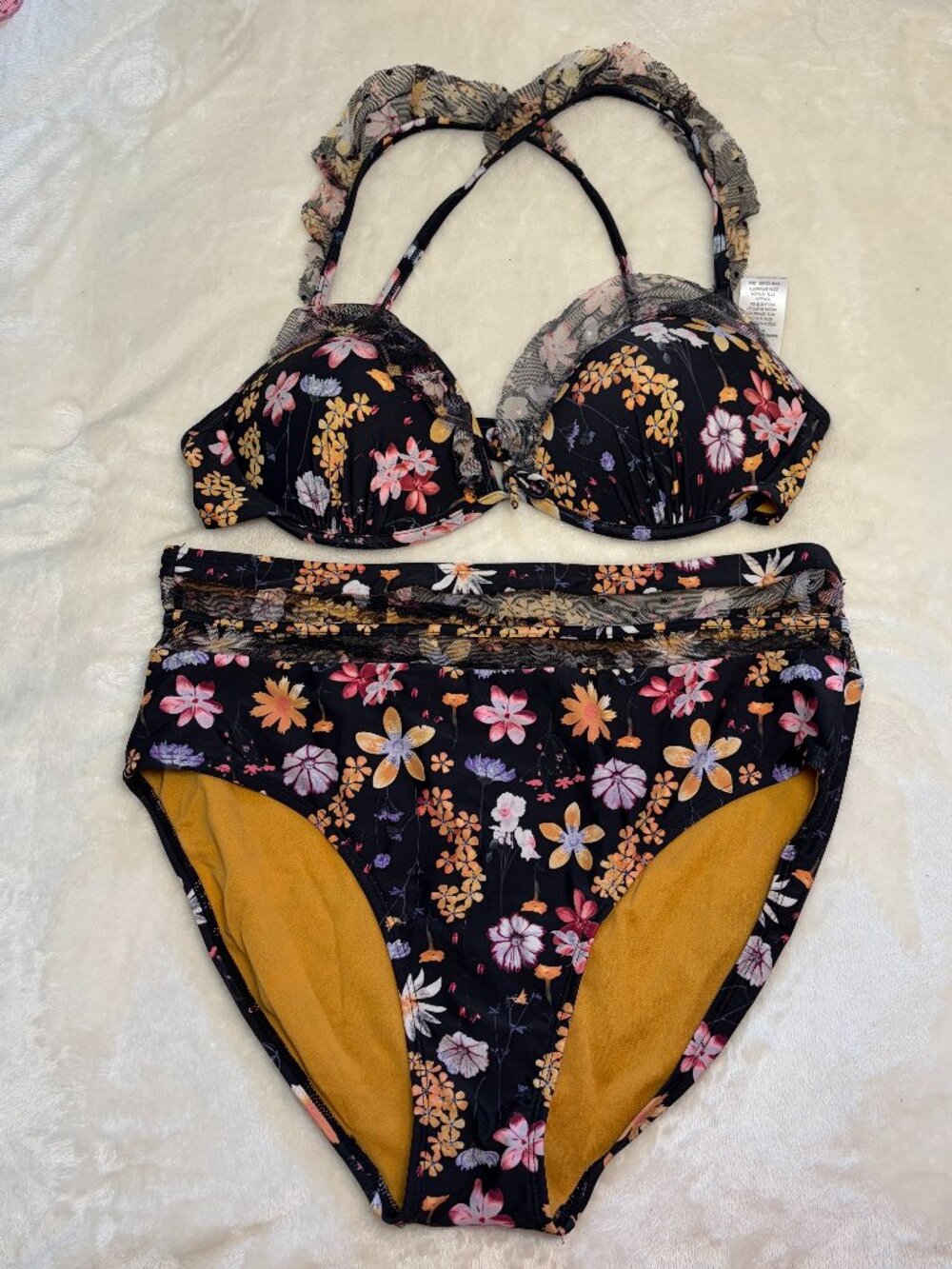 Time and Tru Black Floral Mesh Ruffle High Waist Bikini Set Top Med Bottoms Lg
